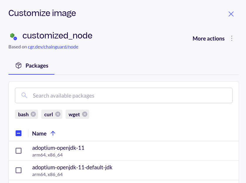 Screenshot of the customized_node image's customization menu, before the preview screen. It shows three packages that have been added but can also be removed: bash, curl, and wget.